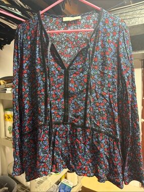 LOFT Black Floral Blouse with Red & Blue Flowers